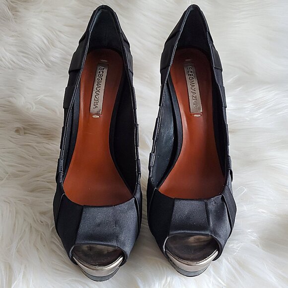 BCBGMAXAZRIA Black Satin Peep Toe Pumps SZ 8.5 - Picture 6 of 11